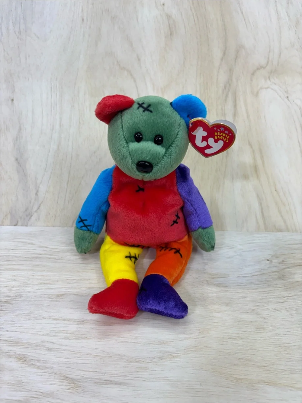 Ty Patchwork Rainbow Bear Plush - Green Red Blue Purple Yellow Orange